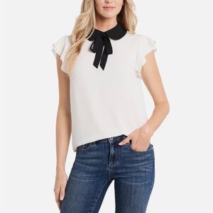 Cece Short Sleeve Collard Bow Neck Top Size Medium. Retail $79